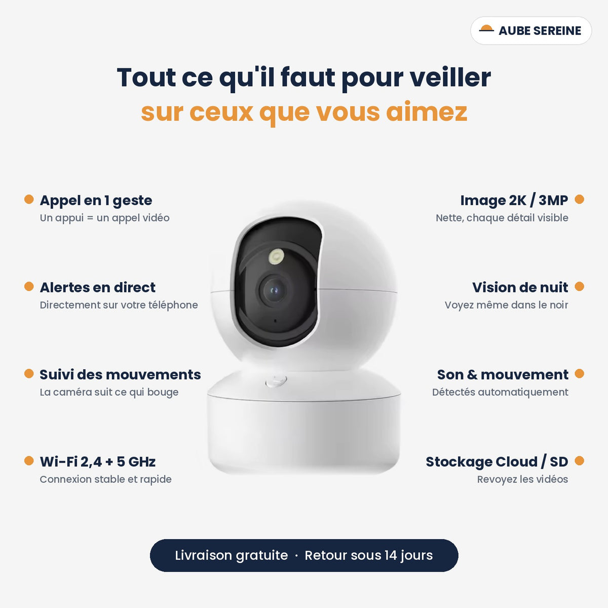 Caméra connectée 2K – Vision 360° et nuit
